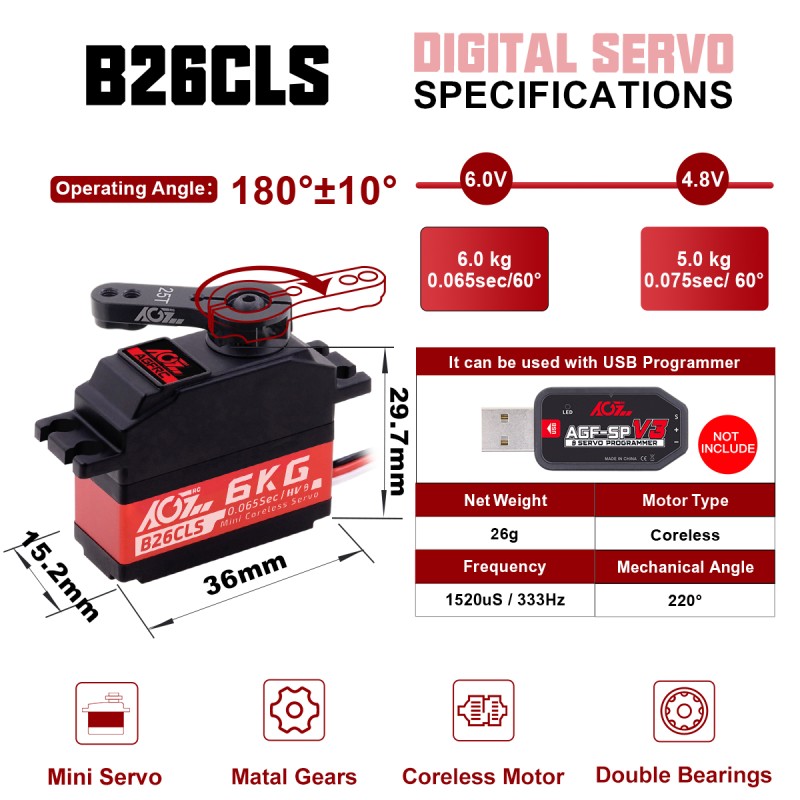 Hot Sales AGFRC B26CLM 0.065s Fast Speed 6KG 6.0V Metal Gear Coreless Digital Programmable Mini Servo RC Car Helicopter Robot