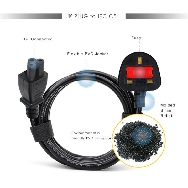 1.8m 6ft Power Supply Cable Cord UK 3Pin Plug To C5 For Laptop Home Appliance