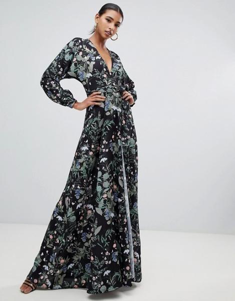 custom made hot sale tie waist maxi dress with side split in dark floral