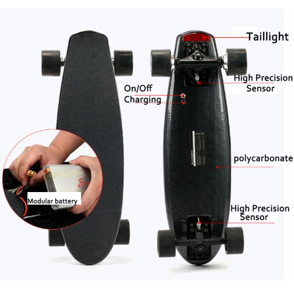 Black Long Range Electric Skateboard Built In Safety Lights Grass Fiber Board