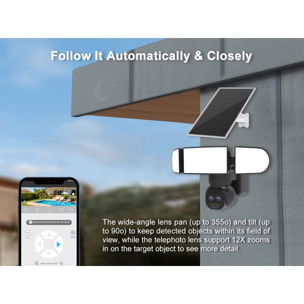 2K Solar Floodlight Camera 8W 4G Dual Lens IP65 Night Vision Solar IP Camera