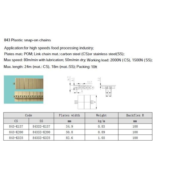 SS843-k137  Straight running plastic plate top conveyor chains stainless steel base link chains pitch 12.7mm