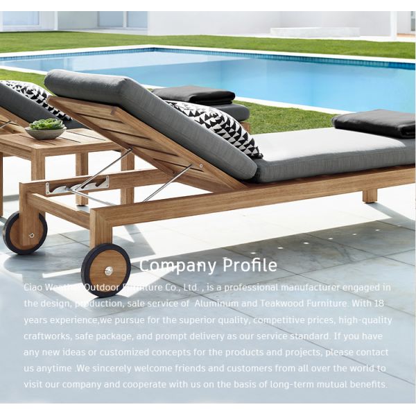 Outdoor Pool Deck Sun Beds Teak Wood Garden Sunbed Loungers with Luxury Waterproof Couch in Grey Color Weatherproof Finis