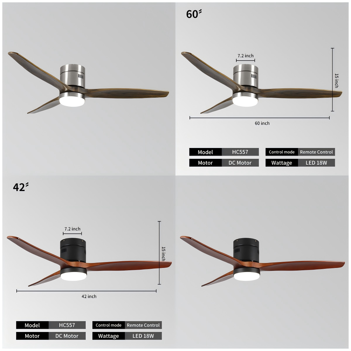 Fabrique de gros en bois 52 pouces moderne 3 feuilles contrôle à distance intelligent LED ventilateur de plafond décoratif avec lumière