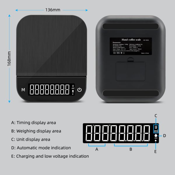 3kg/5kg Capacity 0.1g Precision Coffee Weighing Scale with LCD Display Digital Kitchen Scale