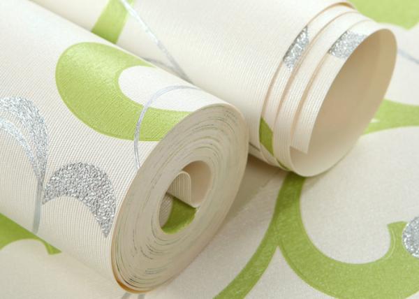 Green and Silvery Washable Vinyl Wallpaper , Modern Living Room Wall Covering