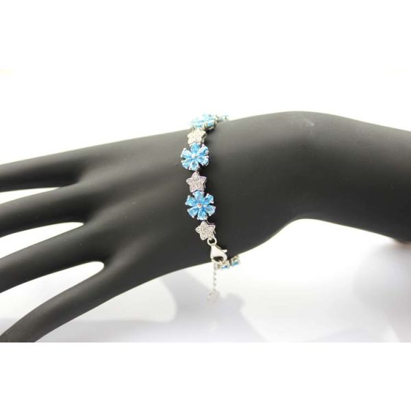 Sterling Silver Link Flower  Blue Topaz Cubic Zircon Tennis Bracelet(B01BLUE)