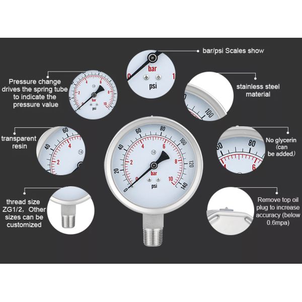 ZG1/2 Thread Y100BF Pressure Gauge 400bar 1.6% 2.5% Gas Manometer with 100mm Diameter