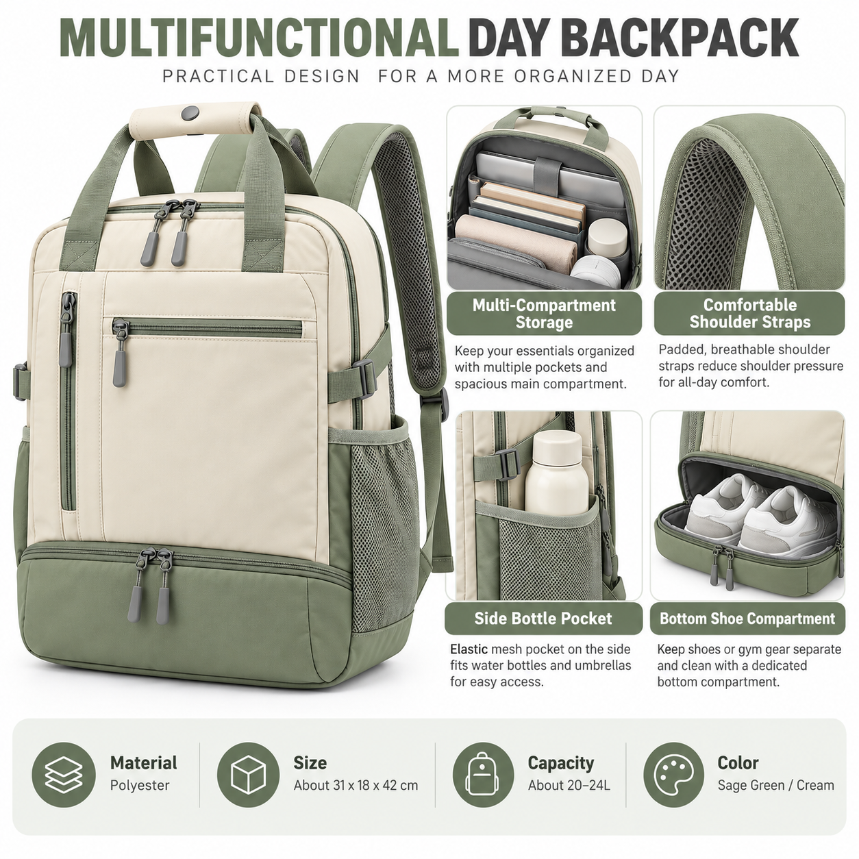 OEM Bag Manufacturer Convertible Travel Backpack with Shoe Compartment – Large Carry-On Weekender Backpack with Front Organizer Pockets, Side Mesh Bottle Holders & Padded Shoulder Straps