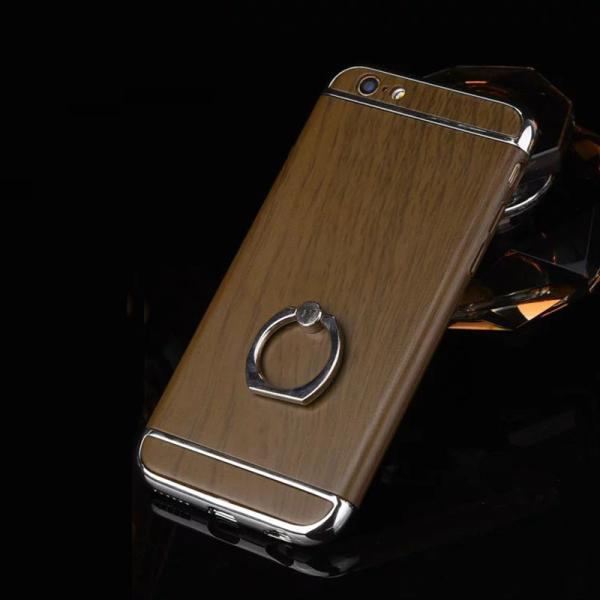 Hard PC Retro Wood Triple Plating Border Ring Buckle Bracket Cover Cell Phone Case Cover For iPhone 6 6s Plus