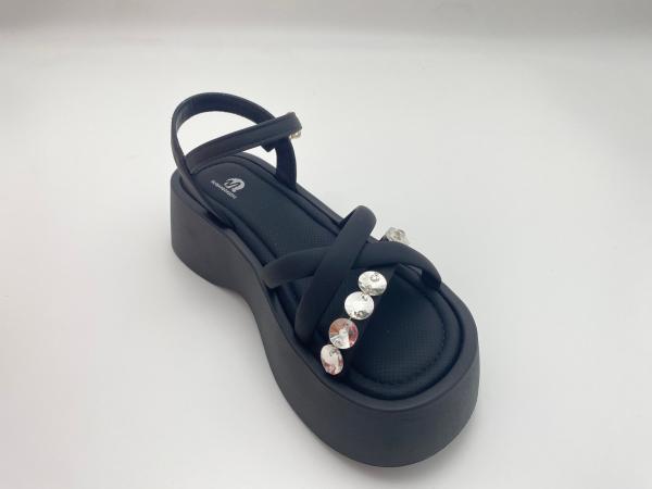Women black bottomed sandals with rhinestone genuine leather in summer