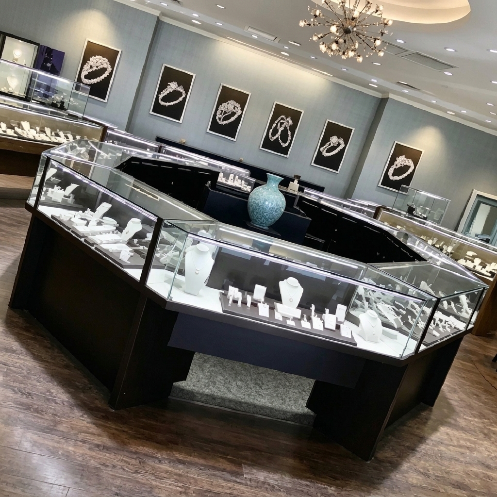 Black Octagon Combined Jewellery Counter LED Glass Display Showcase Matching Wall Cabinets Complete Jewelry Store Cabinet Kit
