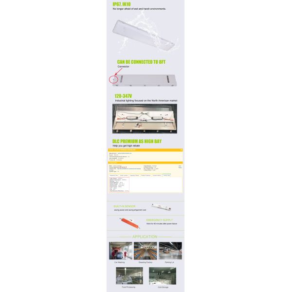 120-347V LED Tri Proof Light for Warehouse 4FT Linear Vapor Tight High Bay Lighting
