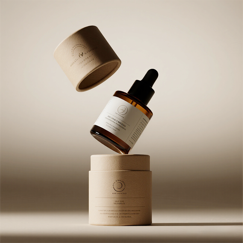 Custom printing of high-quality skincare and perfume bottles and cylindrical paper tubes.
