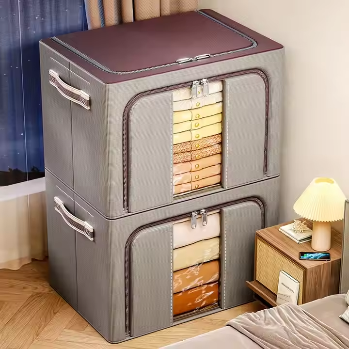 Wholesale Custom Large Capacity Foldable Bedding Storage Box Stackable Steel Frame Fabric Storage Box