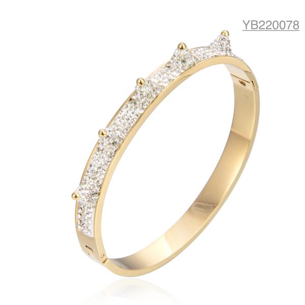 CE Super Sparkling Diamond Crown Bangle Stainless Steel K Gold Snap Bracelet