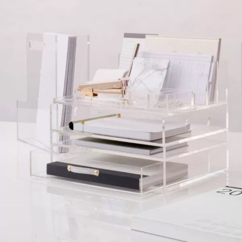 Custom Single-Tier Clear Acrylic File Box with Handle Easy Installation Standing Desktop Office Organizer Storage Solution