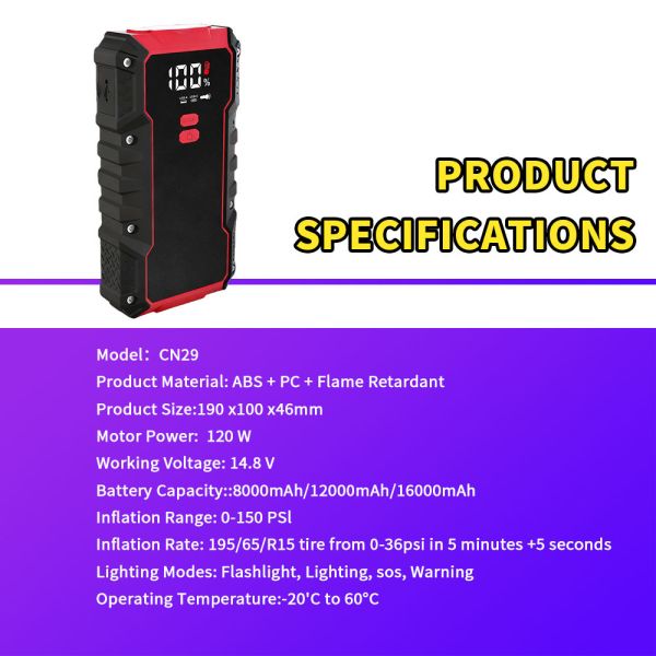16000mAh 6-in-1 Portable Car Jump Starter with Air Compressor, 150PSI Tire Inflator, Power Bank and LED Flashlight for 12V Vehicles