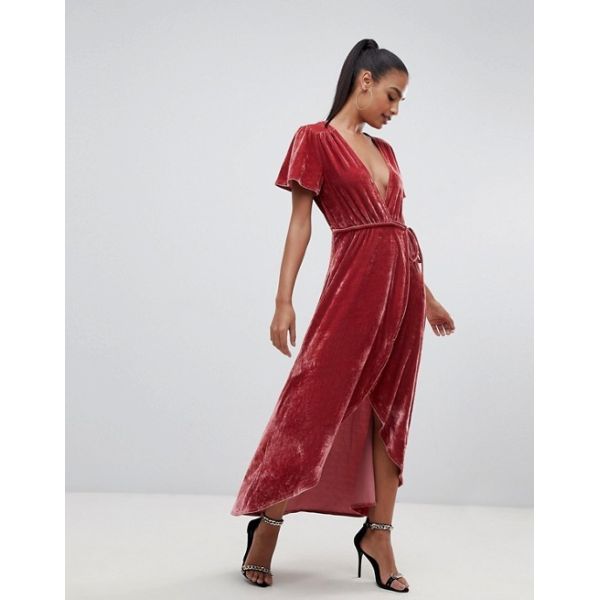 OEM short sleeve pink velvet wrap midi dress