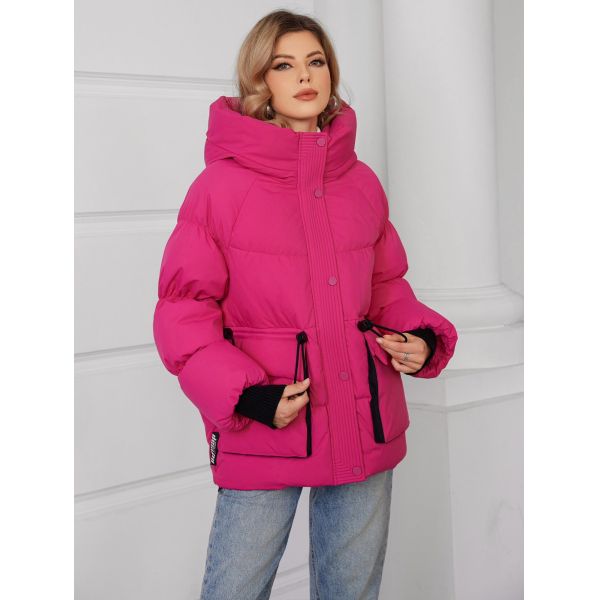 42-50 Short Pink Down Coat Hooded Brilliant Pink Puffer Coat Womens Casual