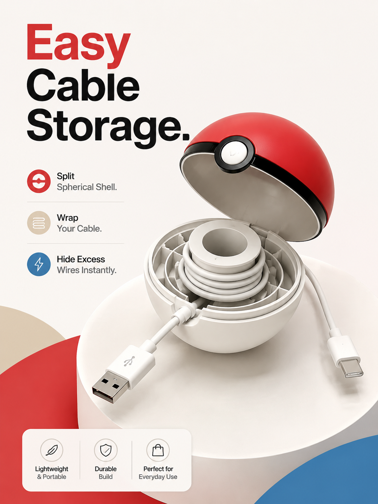 Split Sphere 3D Printed Custom Data Cord Organizer Travelling 3D Printed Office Supplies