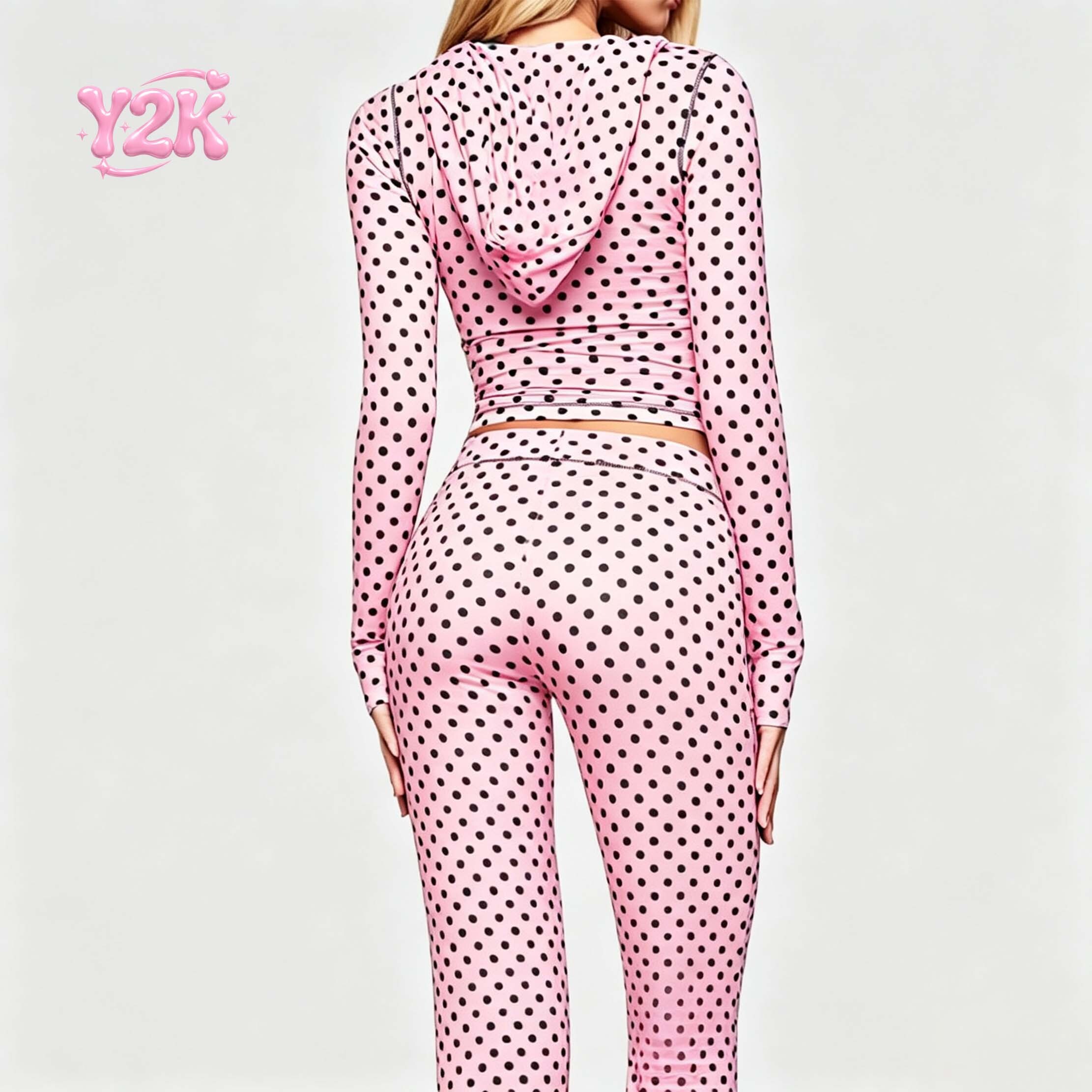 Custom Pink Polka Dot Zip Up Jacket & High Waist Leggings Set