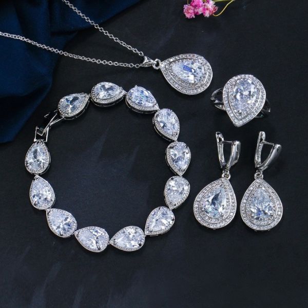 Water Drop Rhinestone Long Pendant Full Crystal Silver Plated Necklace & Earrings Elegant Bridal Wedding Jewelry Set