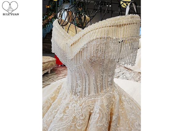 Champagne Off Shoulder Wedding Gown , Big Ball Gown Dresses Beaded Tassels