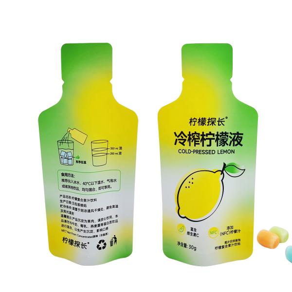 Custom Printed Smell Proof Bottle Shaped Stand Up Pouch Bags with Foil Lined Tear Notch for Lemon Juice Drinks Packaging