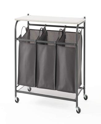 Metal Three Grid Foldable Laundry Cart , 74cm Length Metal Hamper Basket