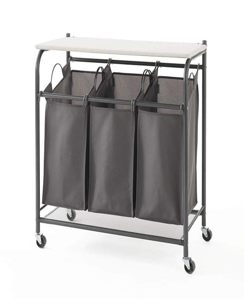 Metal Three Grid Foldable Laundry Cart , 74cm Length Metal Hamper Basket