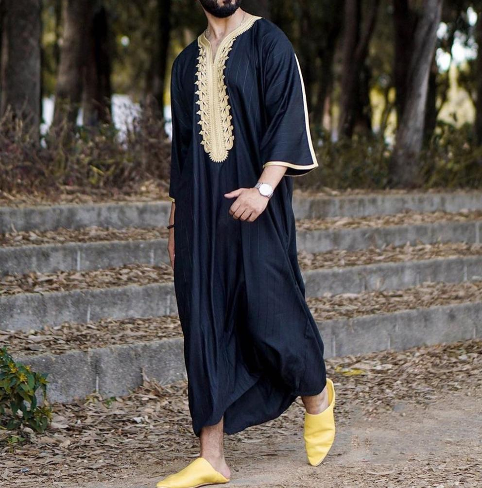 KM003 Middle Eastern Men's Gold Embroidered Thobe / Djellaba (Black With Gold Embroidery/Black with White Embroidery)