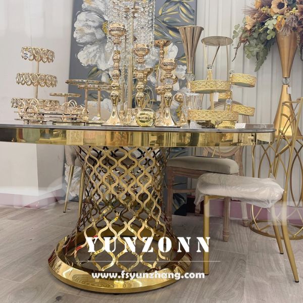 Deluxe Hotel Furniture Round Circle Mirror Glass Stainless Steel Modern Dining Tables Set