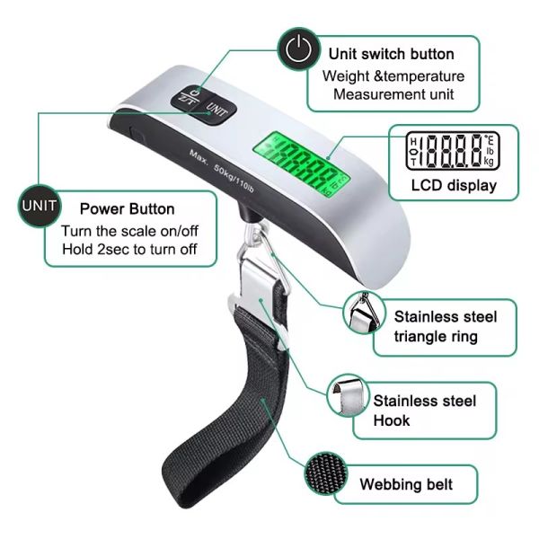 Travel Hanging Bag Power Battery Digital LCD Display Electronic Luggage Scale for Suitcase 50kg Maximum Weight Recommendation