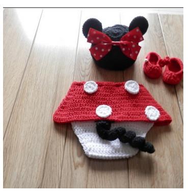 cartoon black red minnie mouse baby hat cap costume set Photography Prop Crochet Knitted
