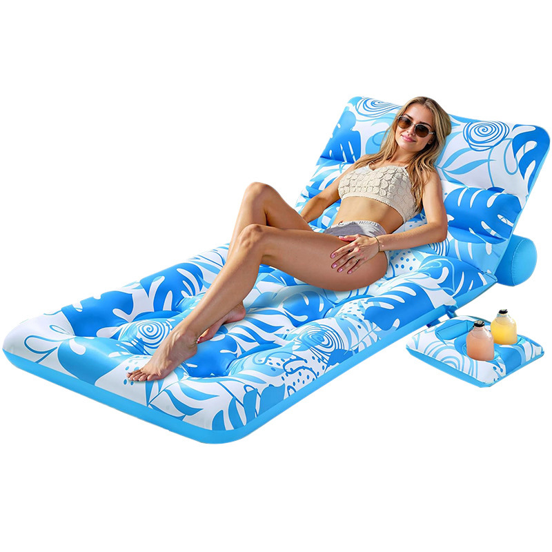 Cross-border PVC Inflatable Raft Cup Holder Backrest Hollow-Design Floating Bed Tropical Leaf Patterned Beach Water Mattress