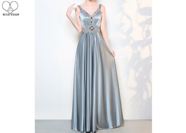 Back Bandage Grey A Line Dress / V Neck Long Silver Beaded Prom Dress Sleeveless