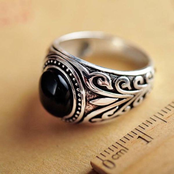 Mens Sterling Silver Retro Ring with Oval Synthetic Black Onyx(XH037009BLACK)