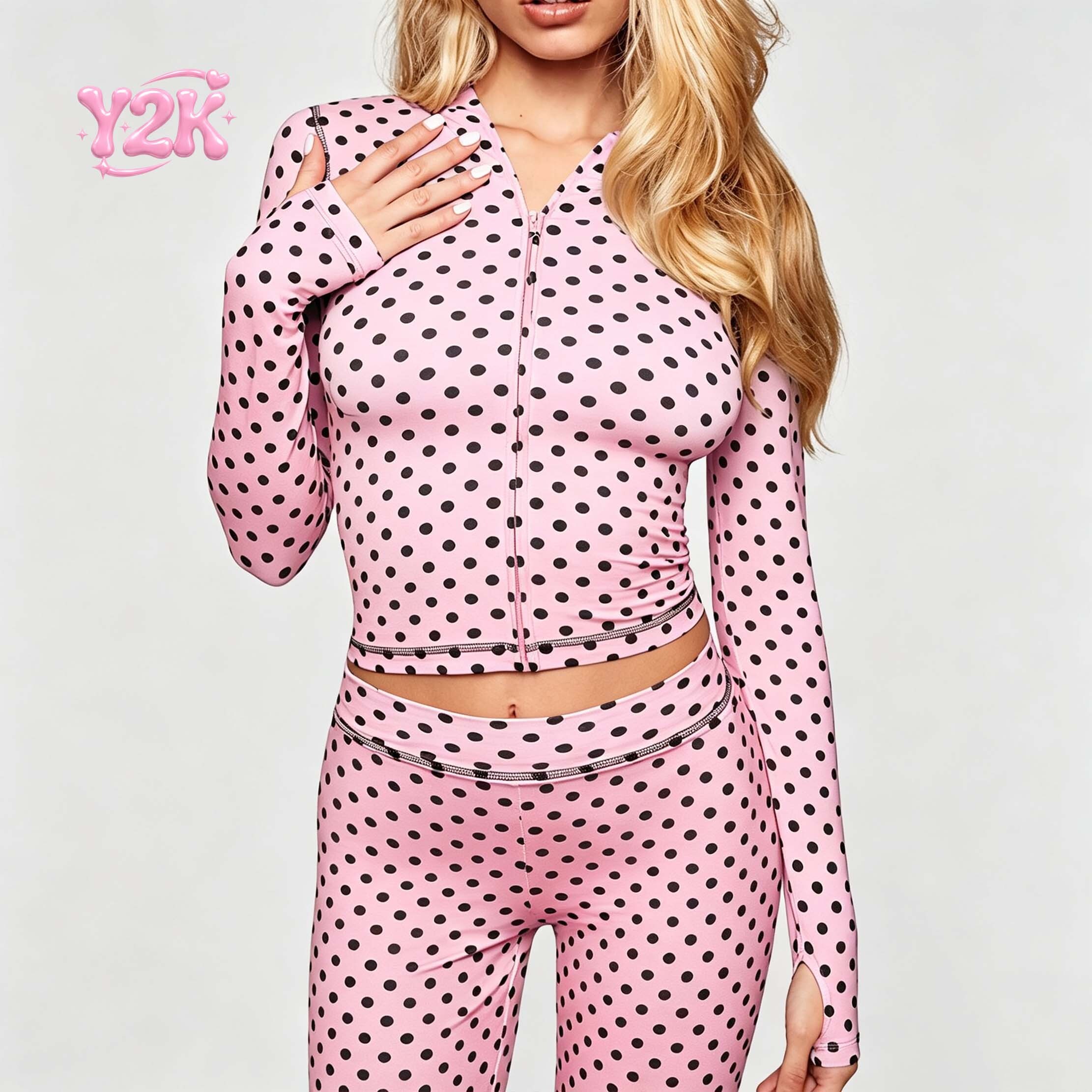 Custom Pink Polka Dot Zip Up Jacket & High Waist Leggings Set