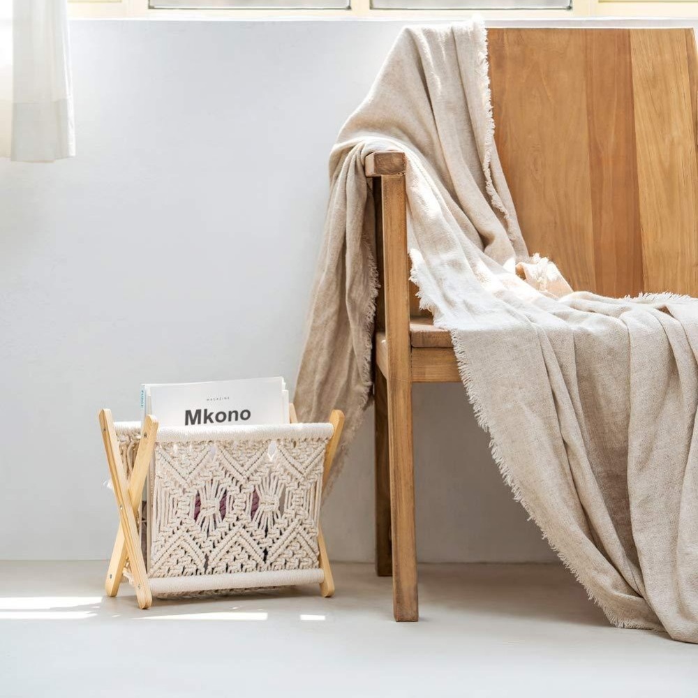 Foldable Woven Magazine Rack Boho Basket Storage Decor 2-In-1