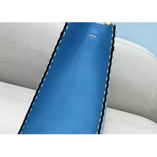 Stitching Womens Leather Tote Shopper Bag Blue With Single Shoulder Strap