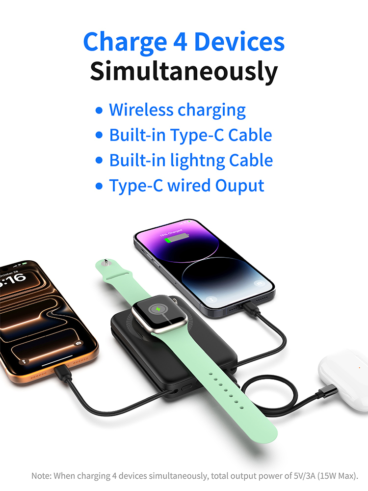10000mAh Magnetic Wireless Power Bank, 3‑in‑1 Portable Charger with Built‑in Lightning & Type‑C Fast Charging Cables, Foldable Stand, LCD Digital Display, Compact External Battery Pack for Phones