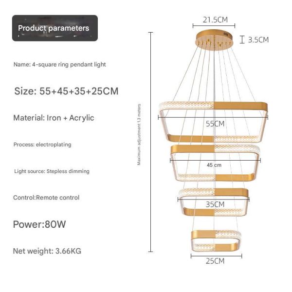 Remote-Controlled Stepless Dimming , Three-Color Temperature, Square Ring Metal Pendant Light