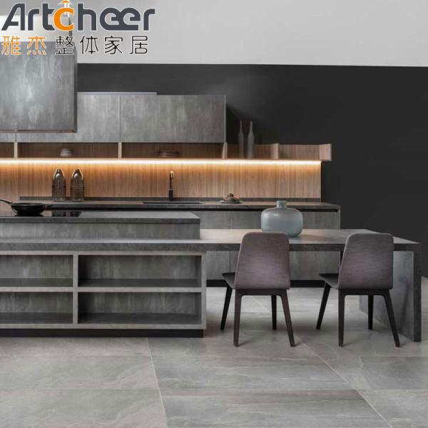 Modern Kitchen Furniture with Dark Grey Marble Look Finish and Flat Edge Countertop