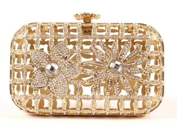 Gorgeous Laser Cut Metallic Hard Case Clutch Bag Luxury Beaded With Chain