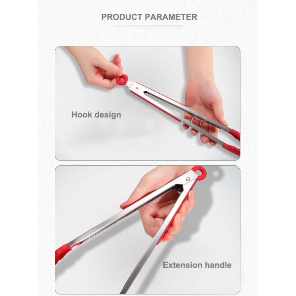 Red Silicone Clamp Stainless Steel Kitchen Grill Tongs for Outdoor Camping BBQ Buffet