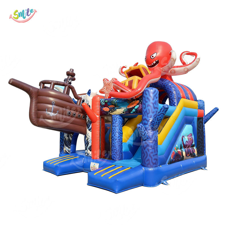 Commercial Grade Octopus Pirate Ship Inflatable Playground for Party Rental, Ocean Theme Bouncy Castle Slide Combo