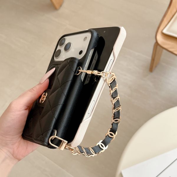 Lychee Pattern Card Holder iPhone 17 Pro Max Phone Case with Handheld Short Chain Leather 16 Pro Protective Cover