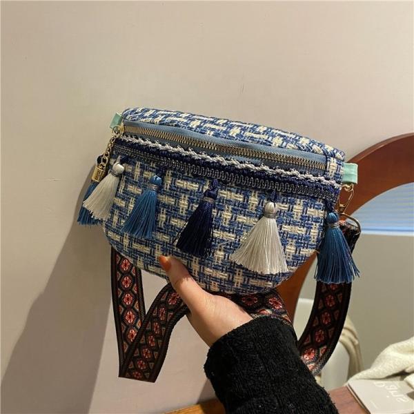Tassel Decor Adjustable Strap Waist Bags Plaid Pattern Waterproof Cycling Bum Bag OEM