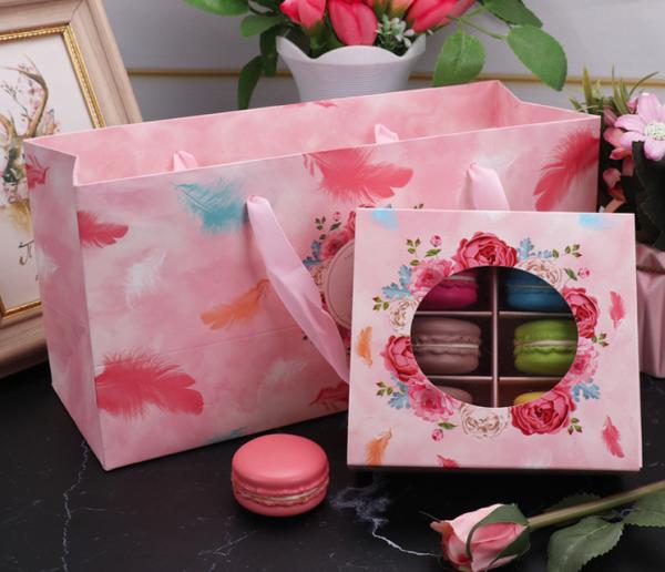Pink Feather Rose Macaron Gift Box With Clear Window Elegant French Dessert Packaging For Parties Weddings Favors